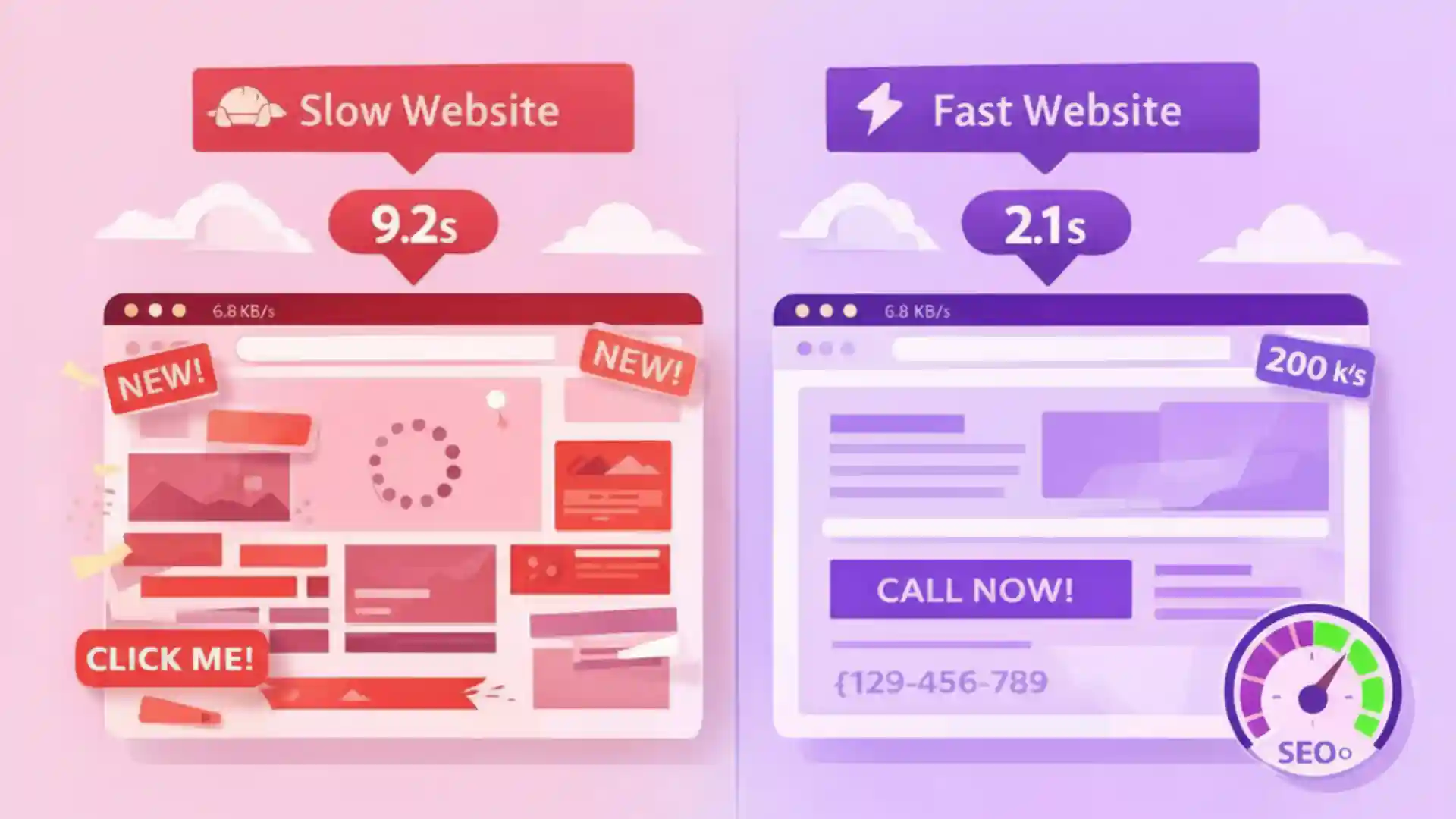 Side-by-side comparison of a slow vs fast website